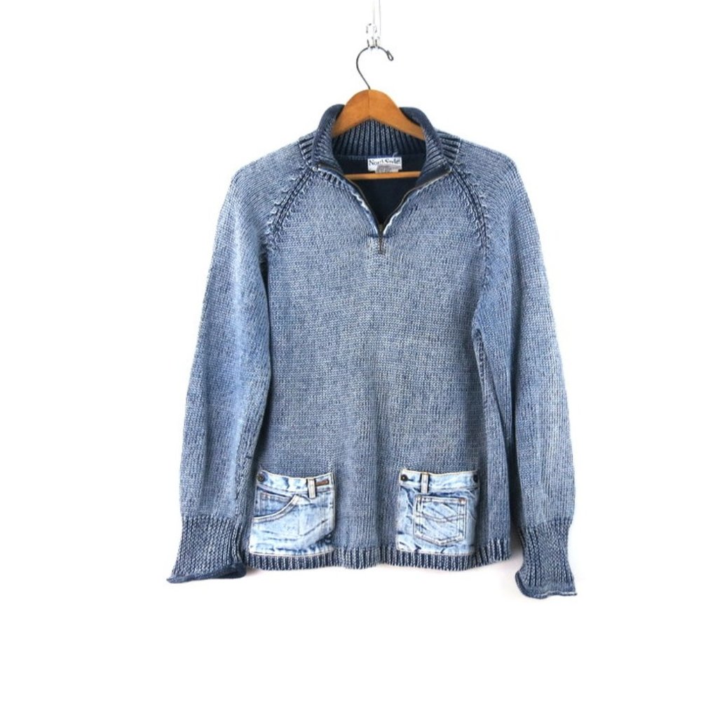 Blue Jean Pocket sweater with Elbow Patches Large